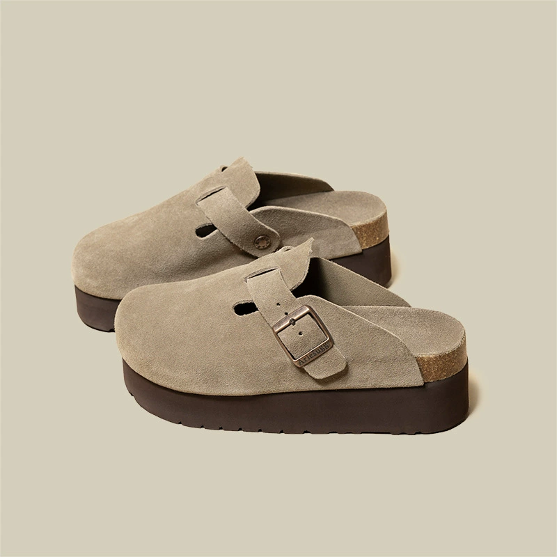 Ленивые однотонные ретро-тапочки Birkenstock для женщин, осень 2023, новый стиль, маленький рост, увеличение, повседневные, сочетаются со всем, тапочки с толстой подошвой