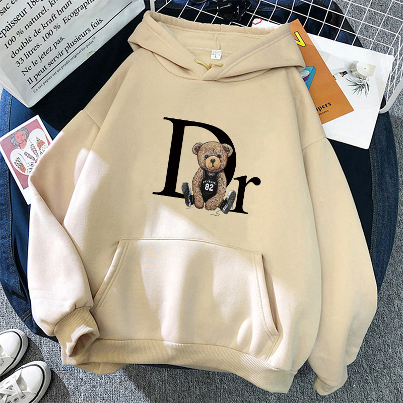 Foreign Trade Unisex Fleece Sweatshirt with Plain Color, Teddy Bear Print, Kangaroo Pocket, Drawstring, and Printed Hoodie