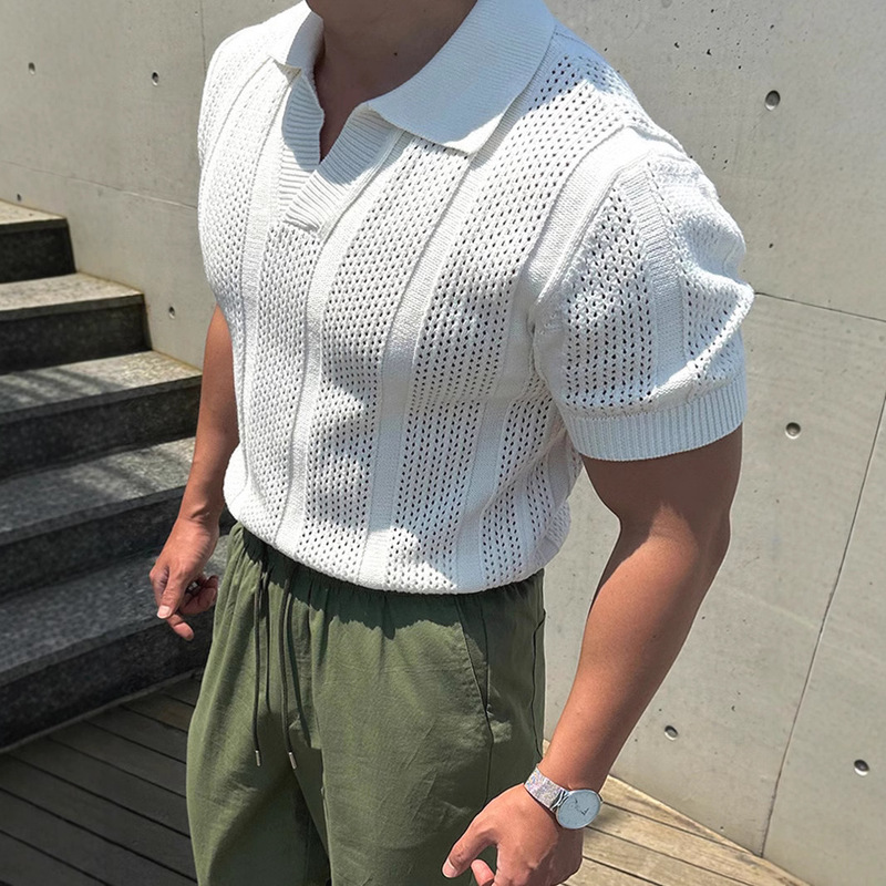 American Mercerized Cotton Ice Silk Polo Shirt Men's Breathable Cut Out Short-Sleeved Sweatshirt Lapel Mesh Tight-Sleeved Knitted T-Shirt