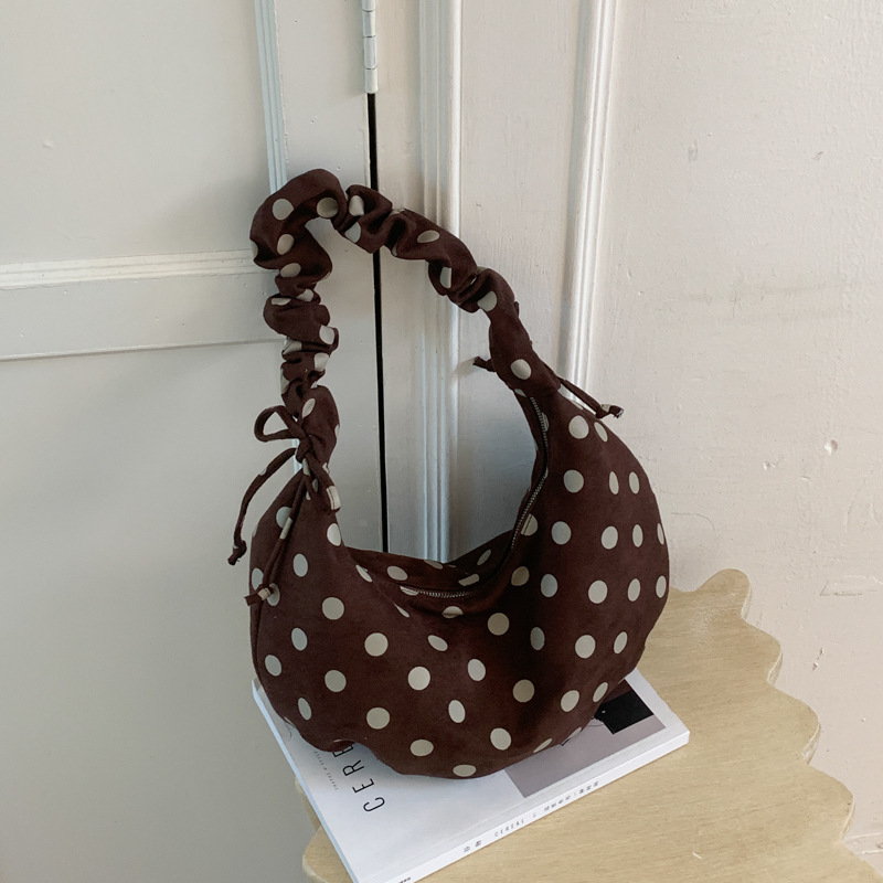 2026 Autumn Suede Polka Dot Cloud Bag Korean Style Pleated Drawstring Dumpling Bag Vintage Large Capacity Shoulder Crossbody Bag