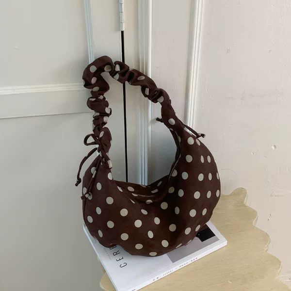 2026 Autumn Suede Polka Dot Cloud Bag Korean Style Pleated Drawstring Dumpling Bag Vintage Large Capacity Shoulder Crossbody Bag