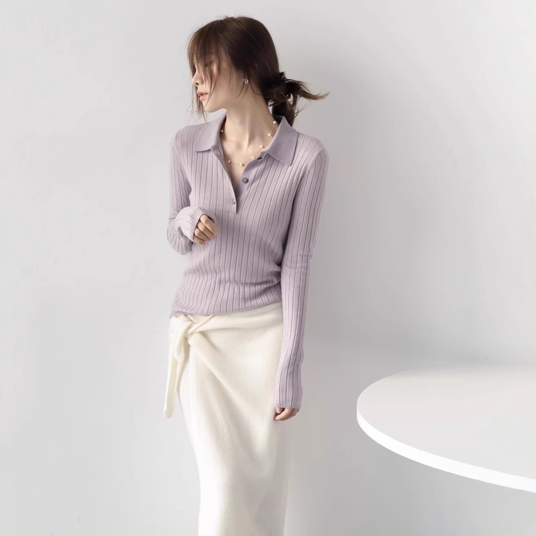 MZOXMO Elegant Polo Collar Elegant Australian Merino Wool Vertical Stripe Sweater Women's Spring and Autumn Sweater