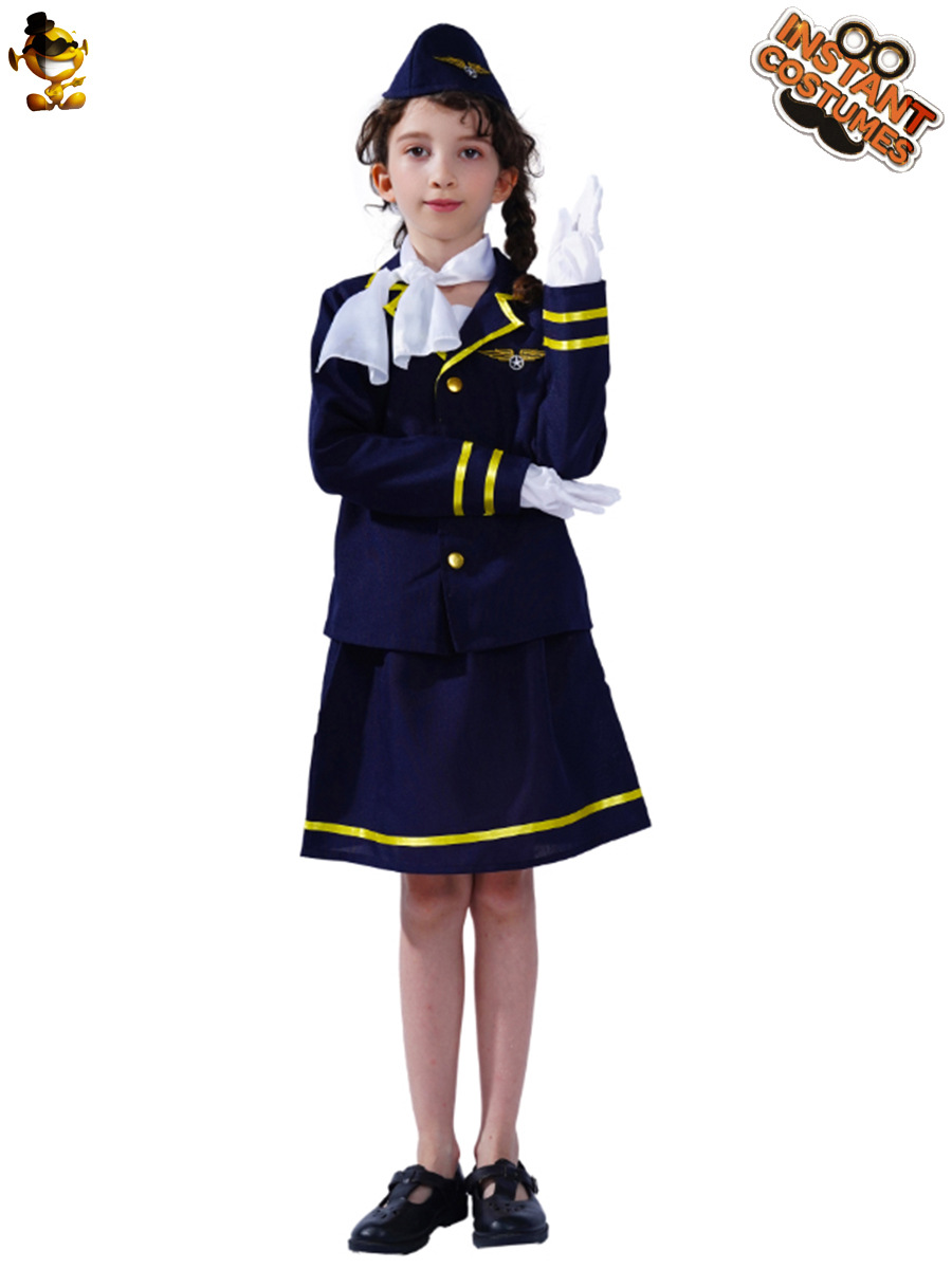 Transfronterizo niños niñas lindo asistente de vuelo traje de azafata niña azafata rol uniforme Cosplay