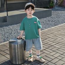 男童夏装短袖套装2025新款儿童韩版痞帅T恤短裤宝宝牛仔裤两件套3