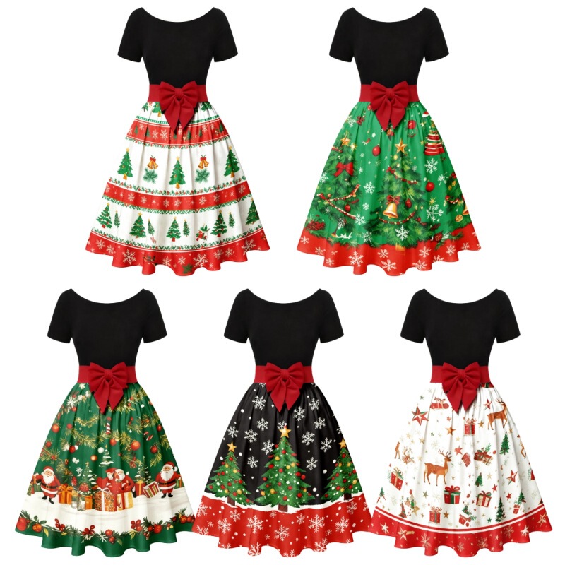 Christmas Cross-Border Export 2025 Women's Retro Red Butterfly Waist Mid-Length Skirt Party Dress Ready for Sale
