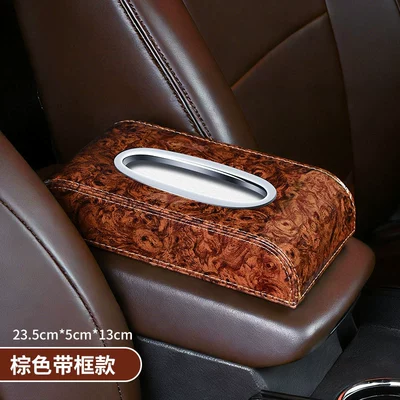 Non-Slip Mat for Armrest Box, Car tissue box/set - wood-grain-model-brown-with-steel-frame