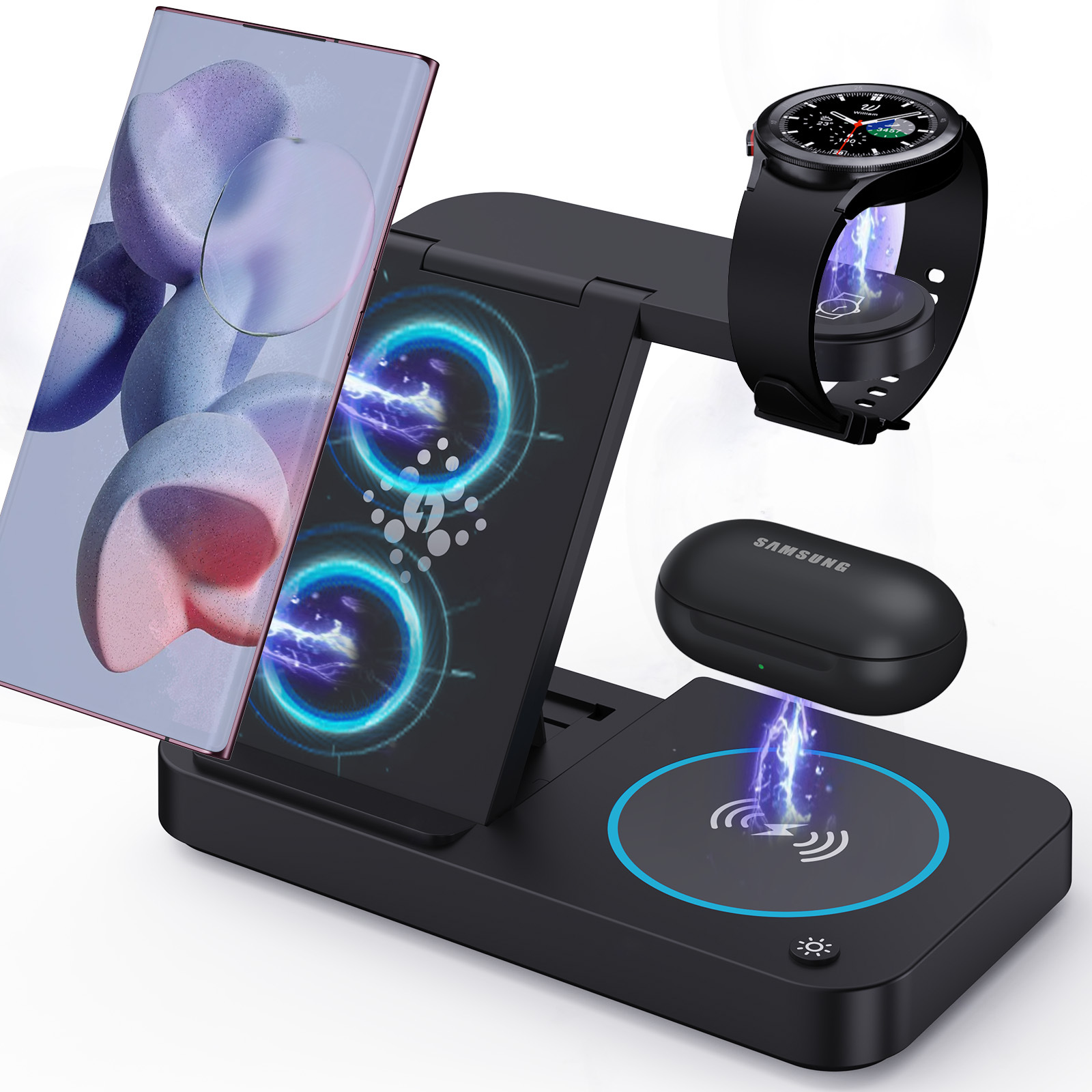 折りたたみ式磁気3-in-1ワイヤレス充電器、ユニバーサル急速充電デスクトップ携帯電話スタンド、サムスンウォッチにも対応