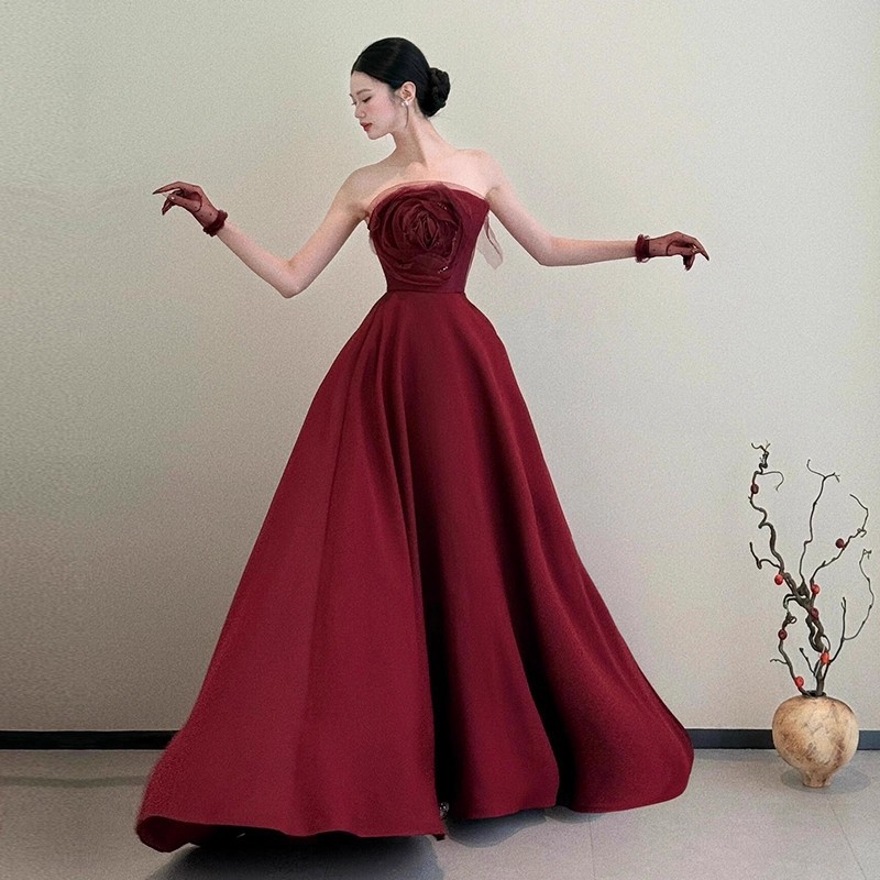 Toast Dress, Strapless Bride's High-End Burgundy Satin Wedding Engagement Dress, Homecoming Thank-You Banquet Elegant