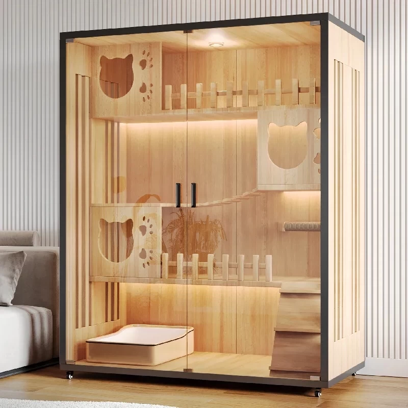 Кошачья вилла Кошачья клетка из массивного дерева Кошачья хозяйка Кошачья хозяйственная крытая кошка Кошачий шкаф Панорама большого пространства для домашних животных