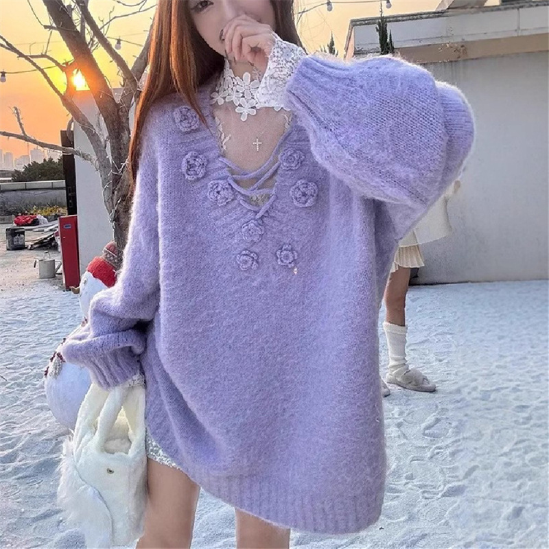 優しくスリムな立体花柄Vネックゆったり長袖セーター2025秋冬新作ニット柔らかトップス