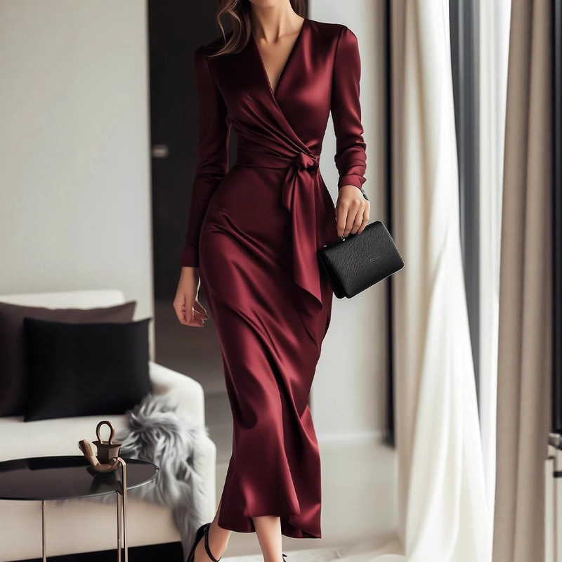 Cross-Border Autumn New Style Amazon Aliexpress Satin Long-Sleeve Dress V-Neck Waist-Cinching Elegant Dress