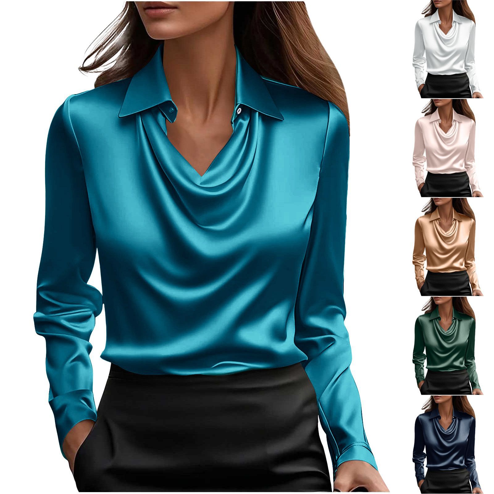 European and American Style Cross-Border Fashion New Solid Color Satin Long-Sleeve Casual Fashion Drape Collar Shirt Top Trendy