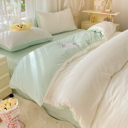Cream Fengyunduo washed cotton four-piece set of fitted sheet bedding, super soft bed sheet, quilt cover, three-piece set
