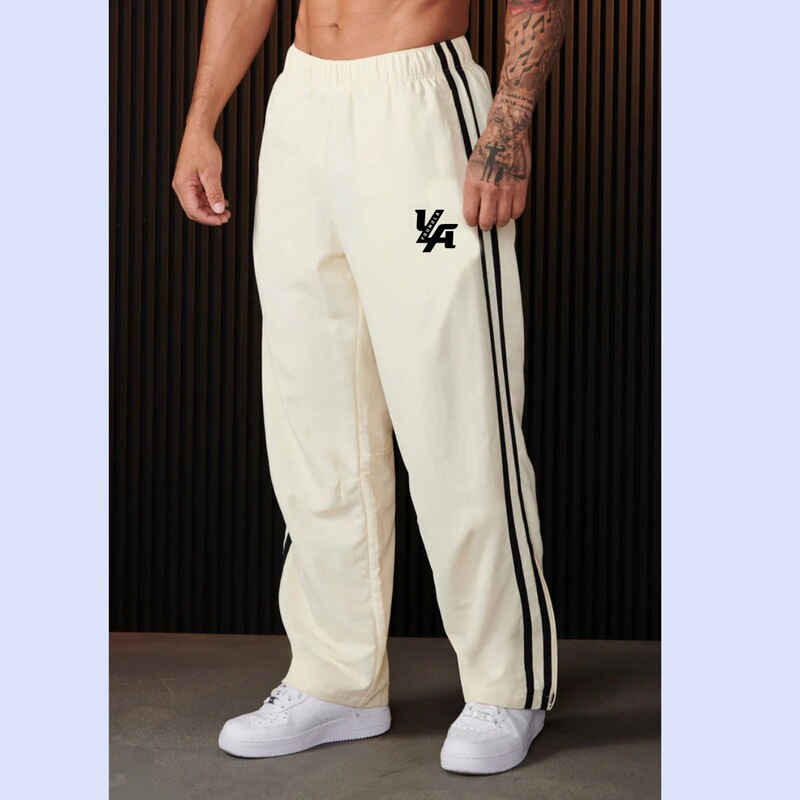YOUNGLA American Men's Trendy Double Patchwork Printed Casual Pants Gym Sports Mid-Waist Straight Pants