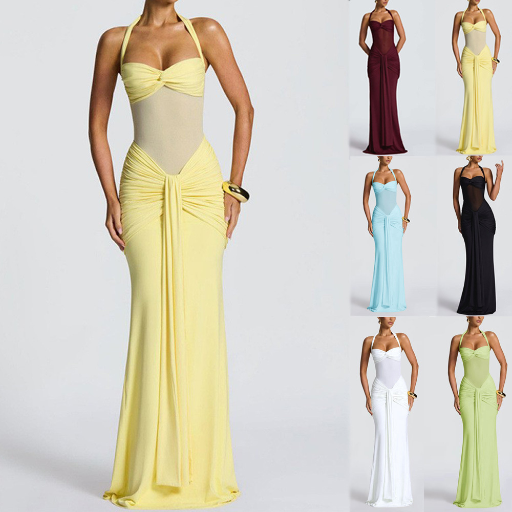 Amazon Cross-Border 2026 New European and American Style Ruched Women's Long Dress, Fashionable and Sexy Backless Bodycon Dress