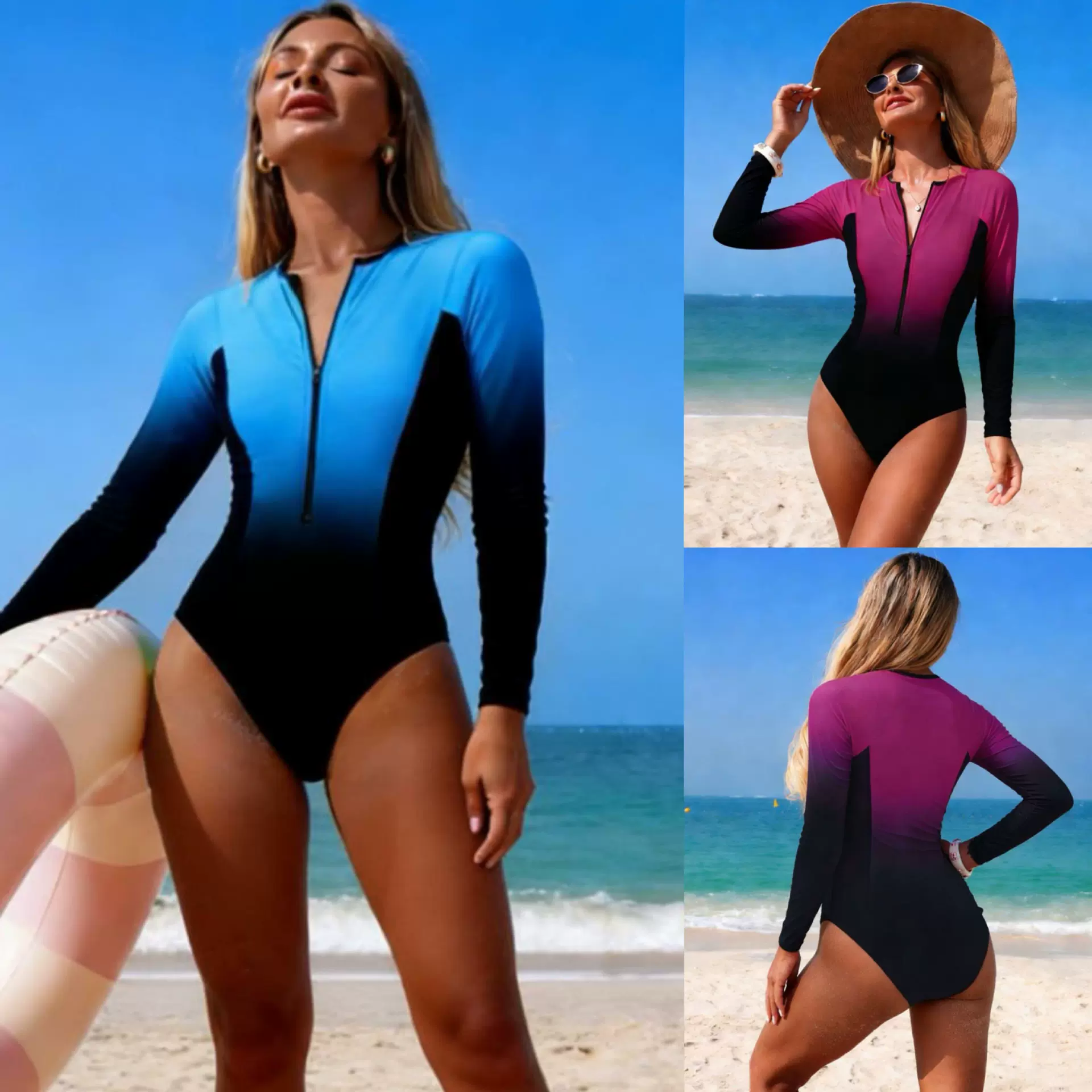 2026亚马逊新款外贸连体泳衣女速卖通纯色渐变长袖防晒潜水冲浪服