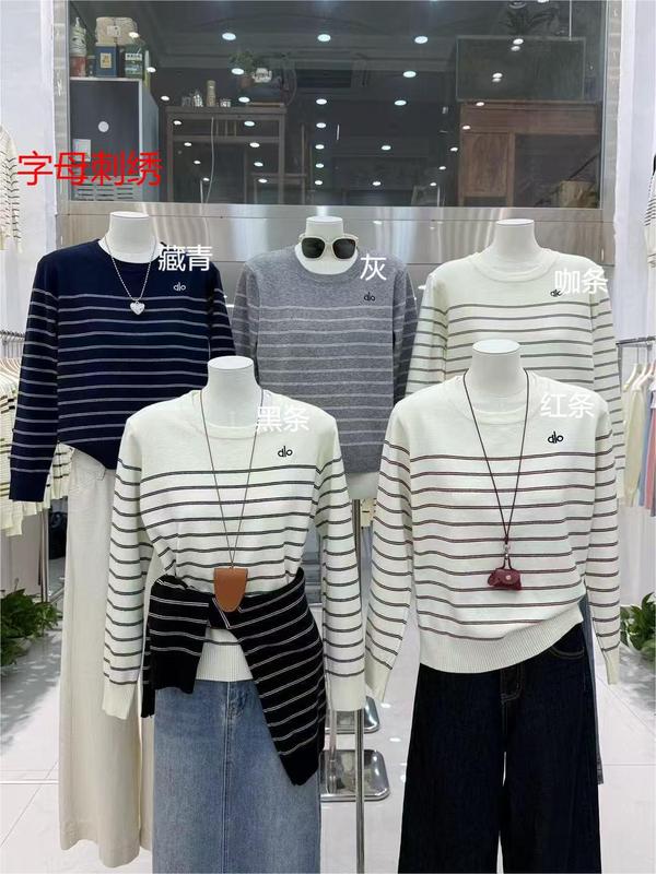 字母alo女高级感复古条纹刺绣内搭长袖针织打底衫小马气质上衣|undefined