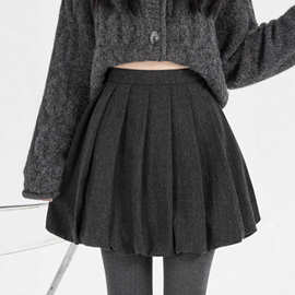 灰色毛呢百褶半身裙女秋冬新款高腰百搭显瘦花苞A字蓬蓬短裙A9867