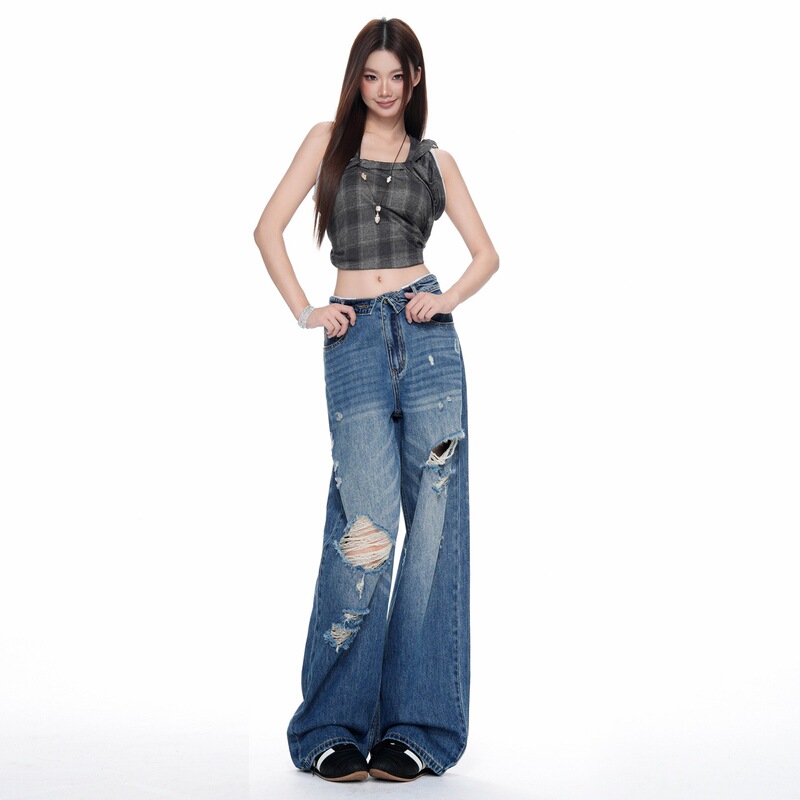 American-style irregular cuffed waist ripped jeans for women, 2026 summer new high-waisted slimming straight-leg floor-length pants