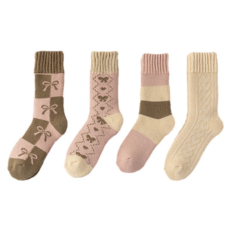Sokken dames winter nieuwe stijl middenkousen warme sokken handdoek sokken herfst en winter casual katoenen sokken roze wassokken slaap sokken_voghion.com
