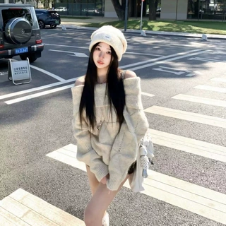 韩系慵懒风一字肩翻领毛衣女松弛感露肩软糯针织衫东大门气质上衣