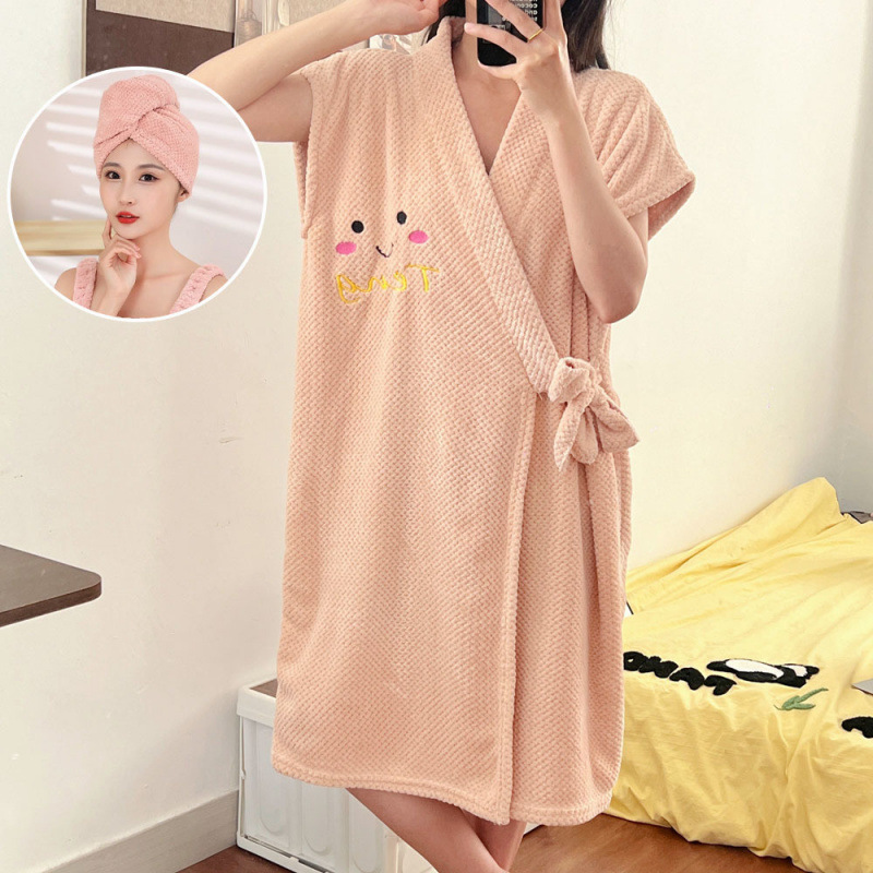 [반팔 목욕 스커트] + [단층 헤어 드라이어 캡] - 가죽 핑크