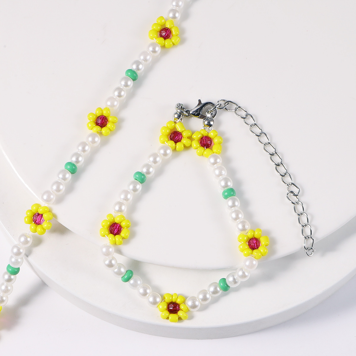 2022 New Bohemian Style Handmade Weave Pearl Bead Crystal Necklace Bracelet Set