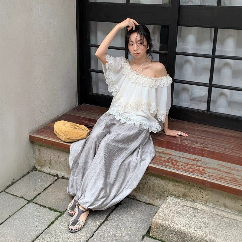 Ic Designer Brand 26 Summer New Celebrity Style Lace Patchwork Top Niche Design Off-Shoulder Top