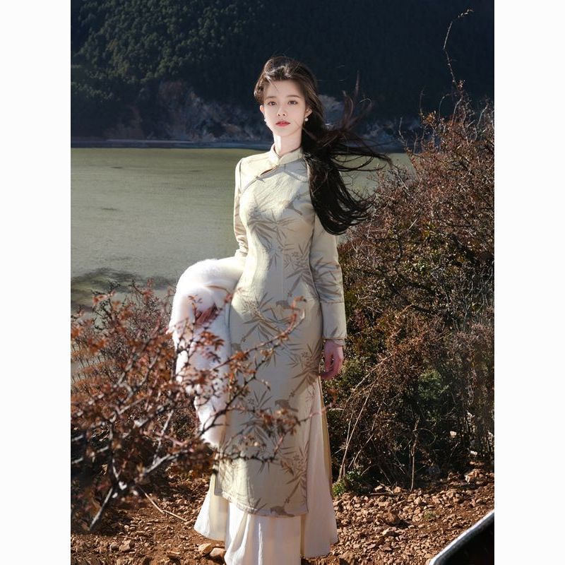 Full-Front Placket New Chinese Style Bamboo Leaf Print High-End Improved Cheongsam Autumn and Winter New Slim-Fit Waist Dress for Young Girls