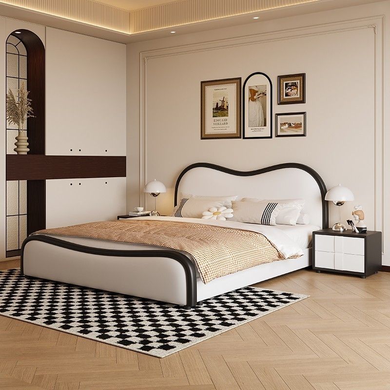 法式复古生态床主卧室双人实木床现代简约实木奶油风波浪软包床