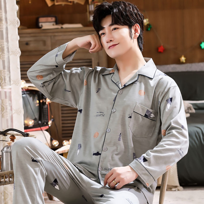 Pijamas de hombre Pijamas de primavera y otoño pantalones de algodón de manga larga de los hombres cardigan verde de mediana edad ropa de hogar traje de invierno para los ancianos