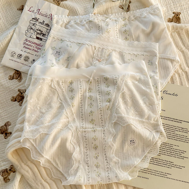 Plus Size Fat mm Women's Underwear Pure Cotton Crotch Female Sexy Lace Girls Bow Hip-Covering Mid-Waist Seamless Underwear