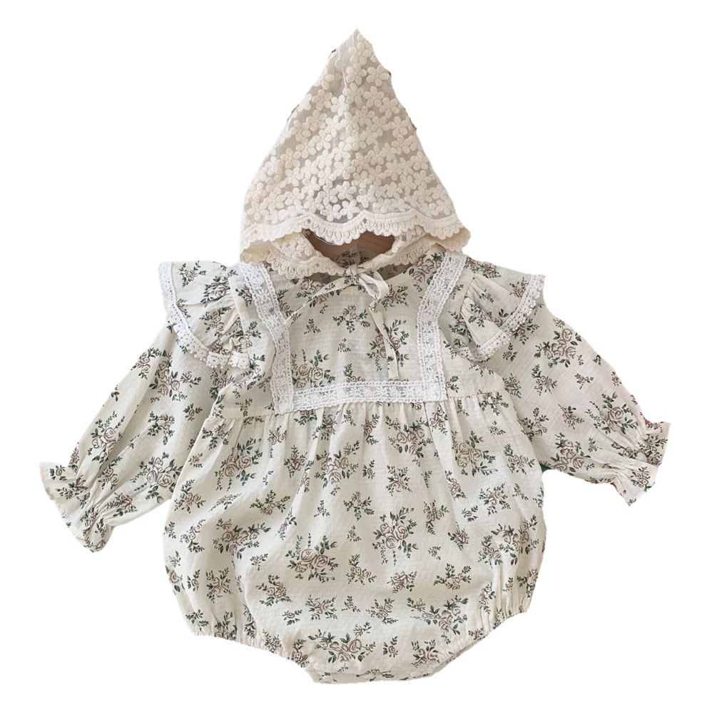 Otoño nuevo ins estilo floral mono bebé niña fuera princesa ropa de una pieza mameluco gratis sombrero