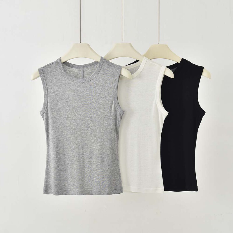 Tencel Wool ROW French-style back-stitched round-neck sleeveless tank top for women, slim fit, versatile top for layering or wearing alone