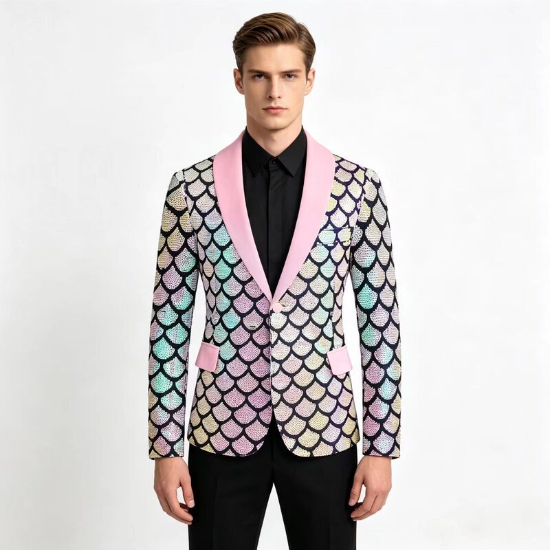 Cross-border US size men's velvet iridescent sequined performance suit with fish scale pattern, tuxedo-style jacket with contrasting colors