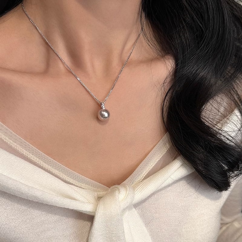 Collar con colgante de perlas Shijia redondo de circón Moda y simple Cadena de clavícula de todo fósforo Temperamento de nicho Collar de sentido avanzado