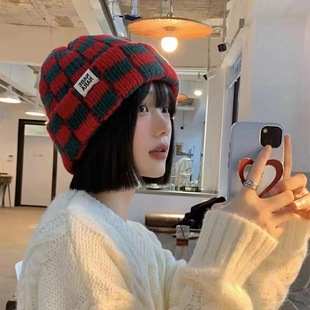 Checkerboard Plaid Knitted Hat for Women, Autumn and Winter Korean Version, Niche Large Head Circumference Wool Hat, Japanese Style, Face-Slimming Christmas Hat