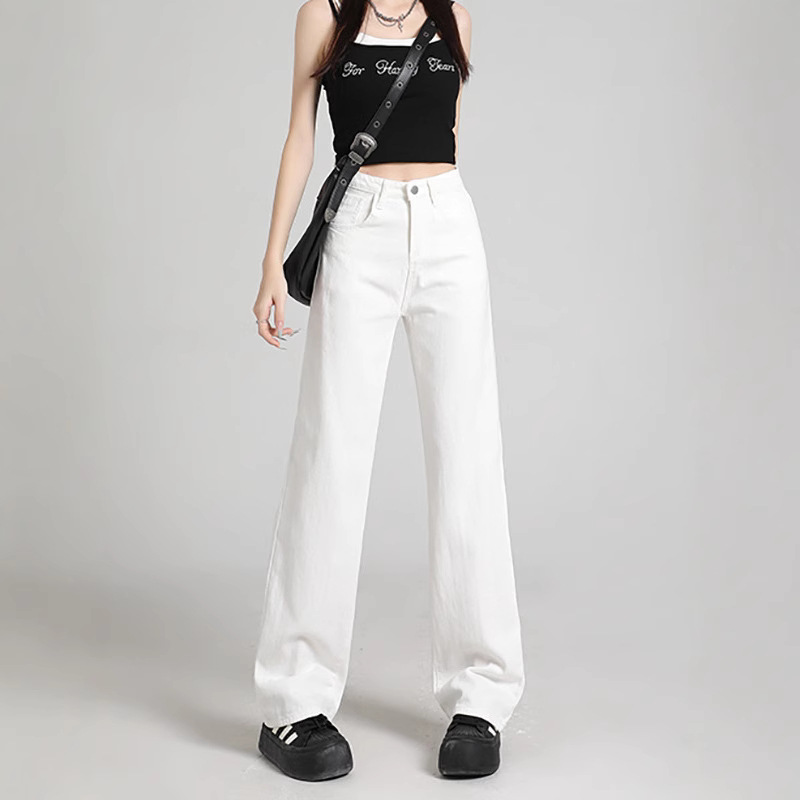 좁은 직선 흰색 청바지 여성의 2024 봄과 여름 높은 허리 작은 슬림 모양 넓은 다리 담그는 바지