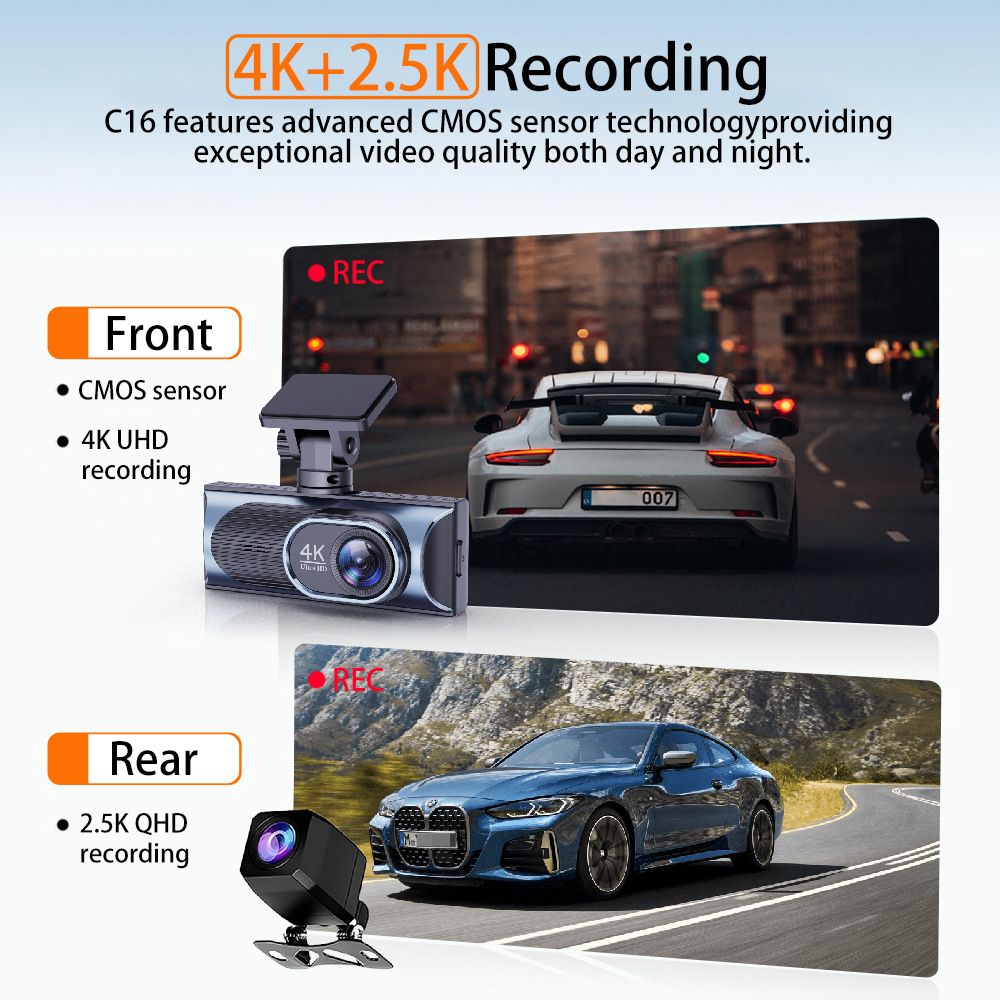 Cross-Border New Model Dash Cam with High-Definition 4K Front and Rear Dual Recording, Mobile Phone Wf Connectivity, Gps Driving Trajectory, In-Car Dvr