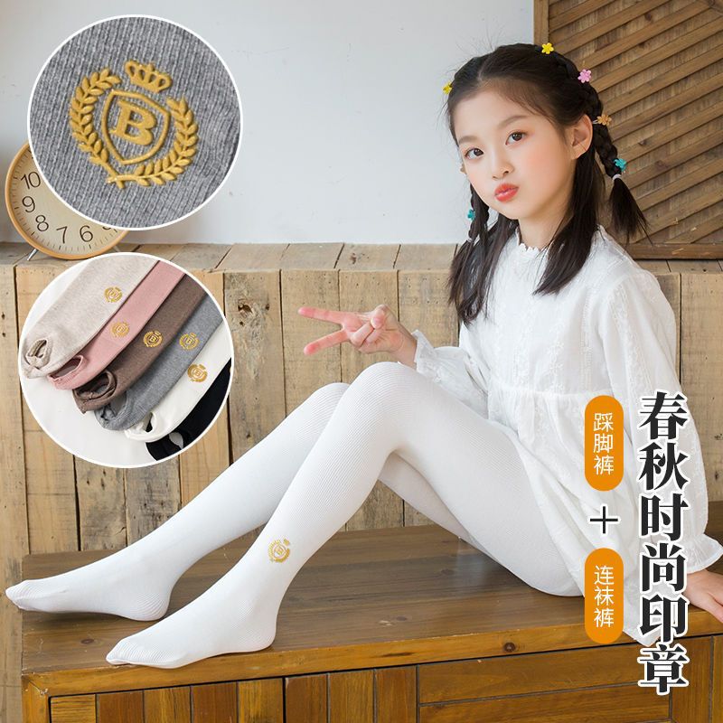 Children's spring and autumn all-match pantyhose fleece-lined thickened girls' vertical bar letter badge bottoming pants practice dance socks