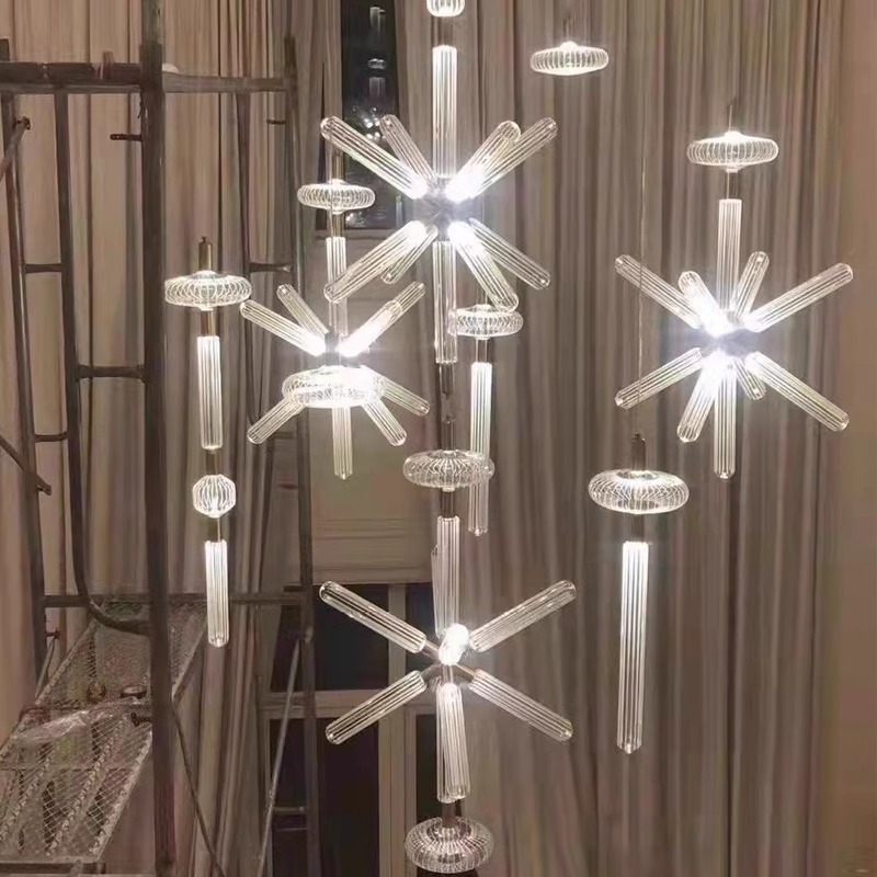 雪花吊灯后现代设计师轻奢刻花玻璃管吊灯样板房售楼部制工程灯|undefined