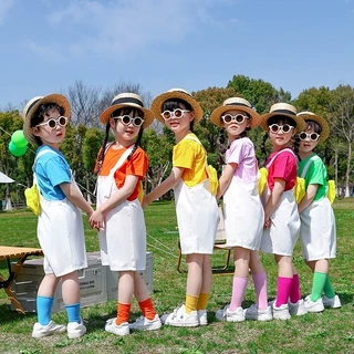 儿童背带裤糖果色短袖套装幼儿园毕业班服小学生男女童舞蹈演出服