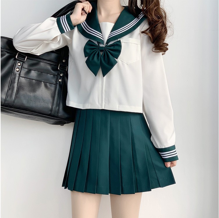 绿三本日系正版水手服jk制服基础款春秋季校拱中间服女海军风套装