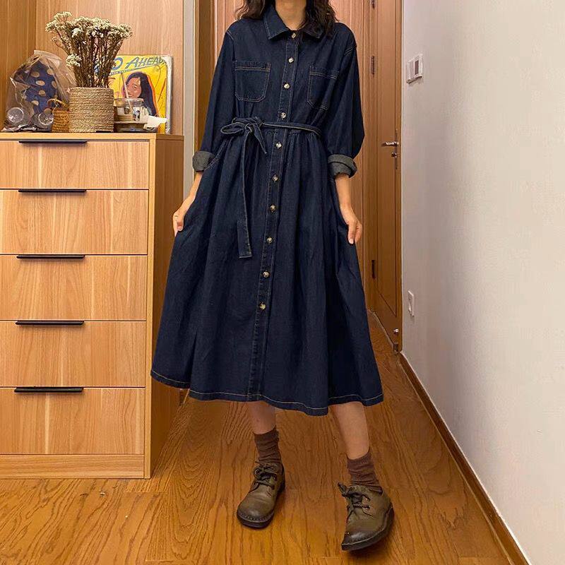 Đầm denim dài tay nữ phong cách thanh lịch, chiết eo tôn dáng, dáng chữ A lửng — Màu xanh dương