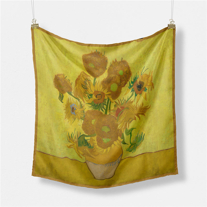 Van Gogh pintura al óleo flor artística pequeña bufanda cuadrada nueva 53cm de seda artificial de las mujeres bufanda decorativa bufanda de doble uso
