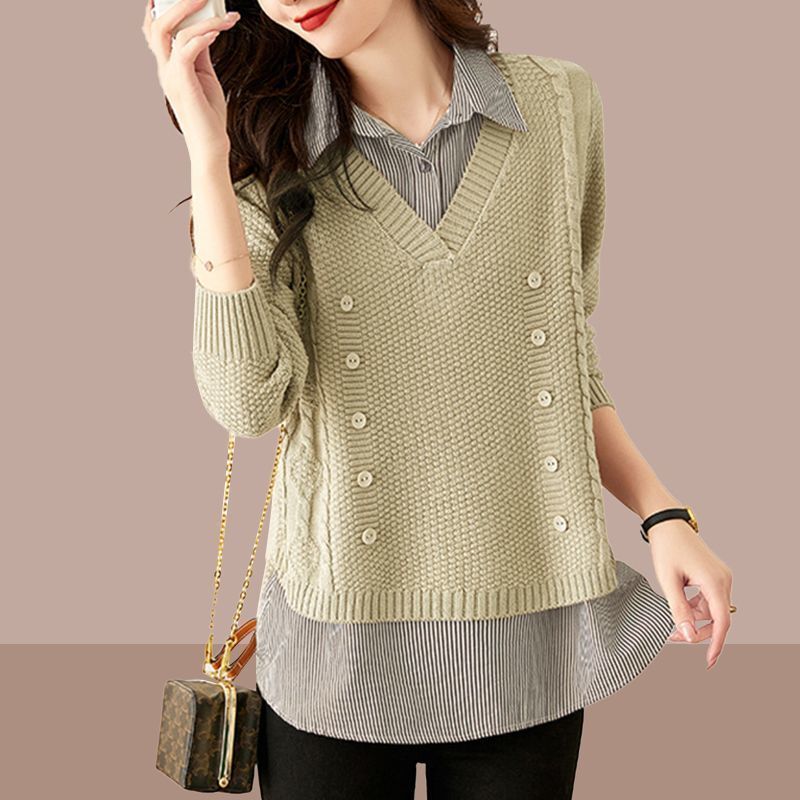 Fake Two-piece Top Women 2024 New Loose Fashion Stylish Shirt Collar Sweater Short All-match Knitted Sweater for Women