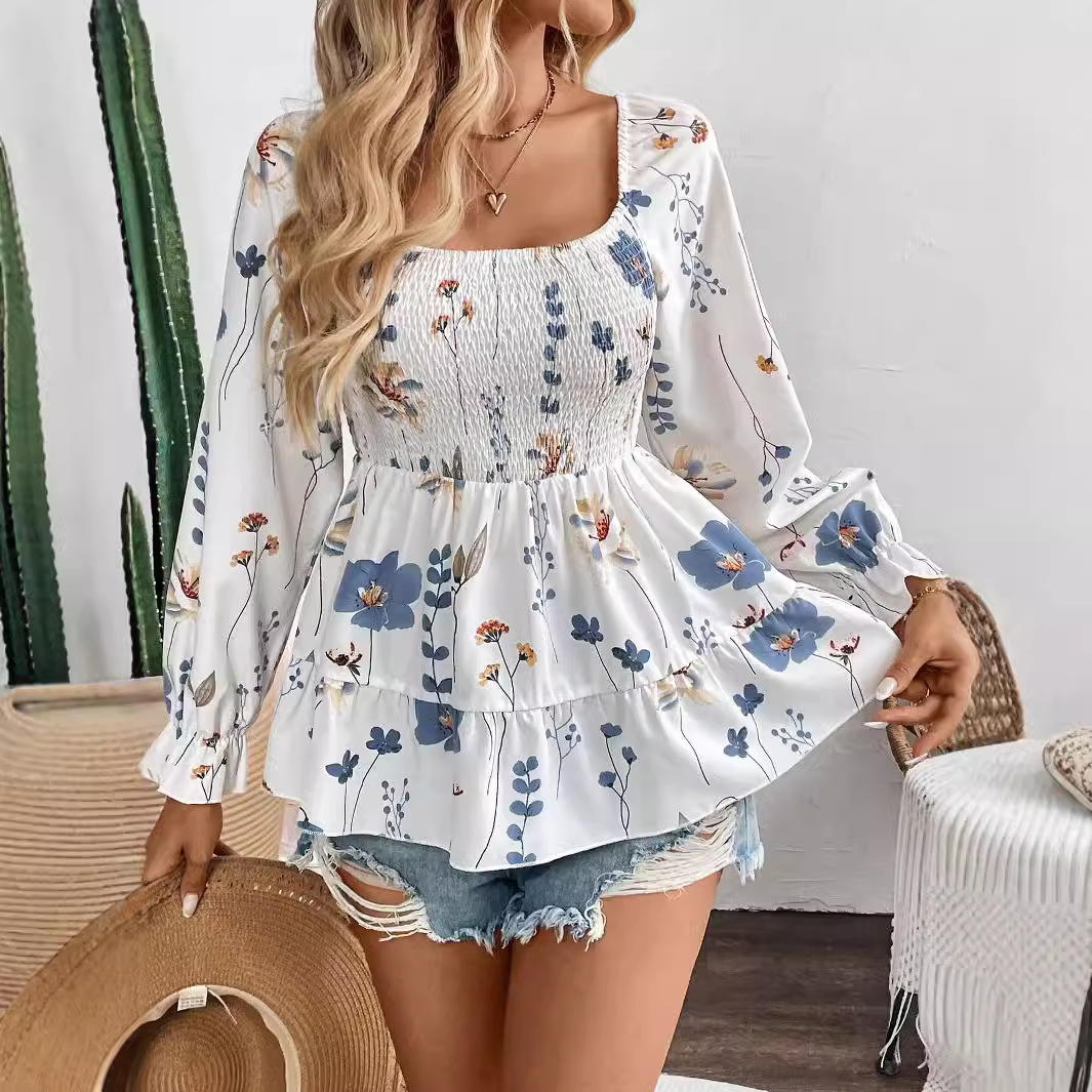 European and American cross-border 2024 Amazon autumn and winter new elegant women's floral print bouquet long sleeve T-shirt top for women