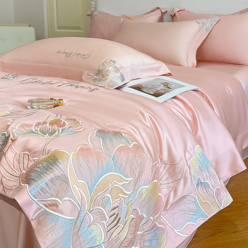 Edredón fresco de verano, ropa de cama de cuatro piezas, seda de hielo, sueño desnudo, lujo ligero, edredón de alta calidad, sábanas, juego de tres piezas 4
