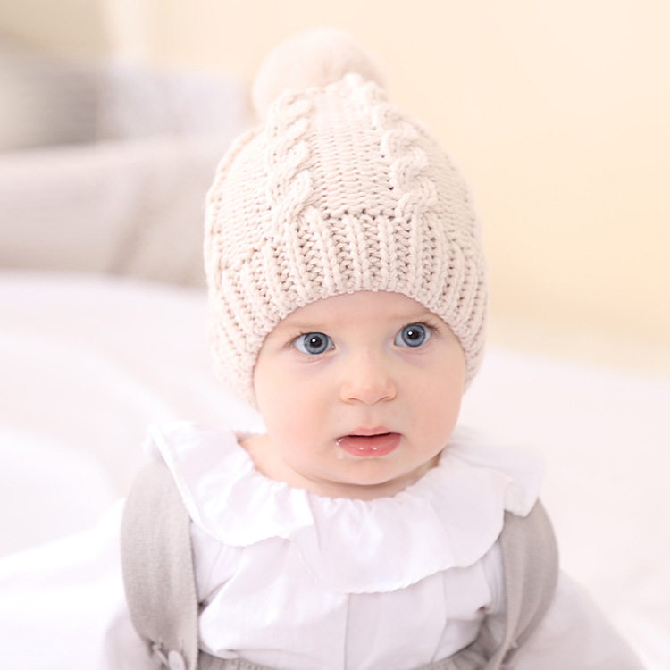 Children's Wool Ball Hood Fall Winter Models Infant Warmth Pure Color Knitted Hats 5 Colors display picture 1