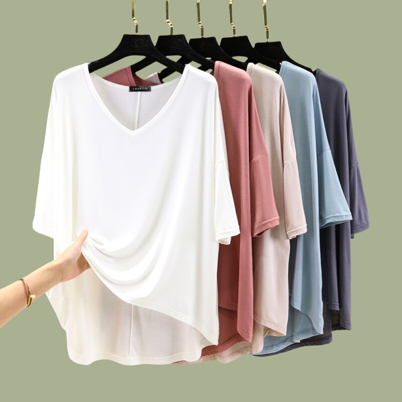Modal V-neck Half-sleeve T-shirt Women's Summer New Thin Outer Wear Loose Large Size Short-sleeve Top Mid-sleeve Base Shirt